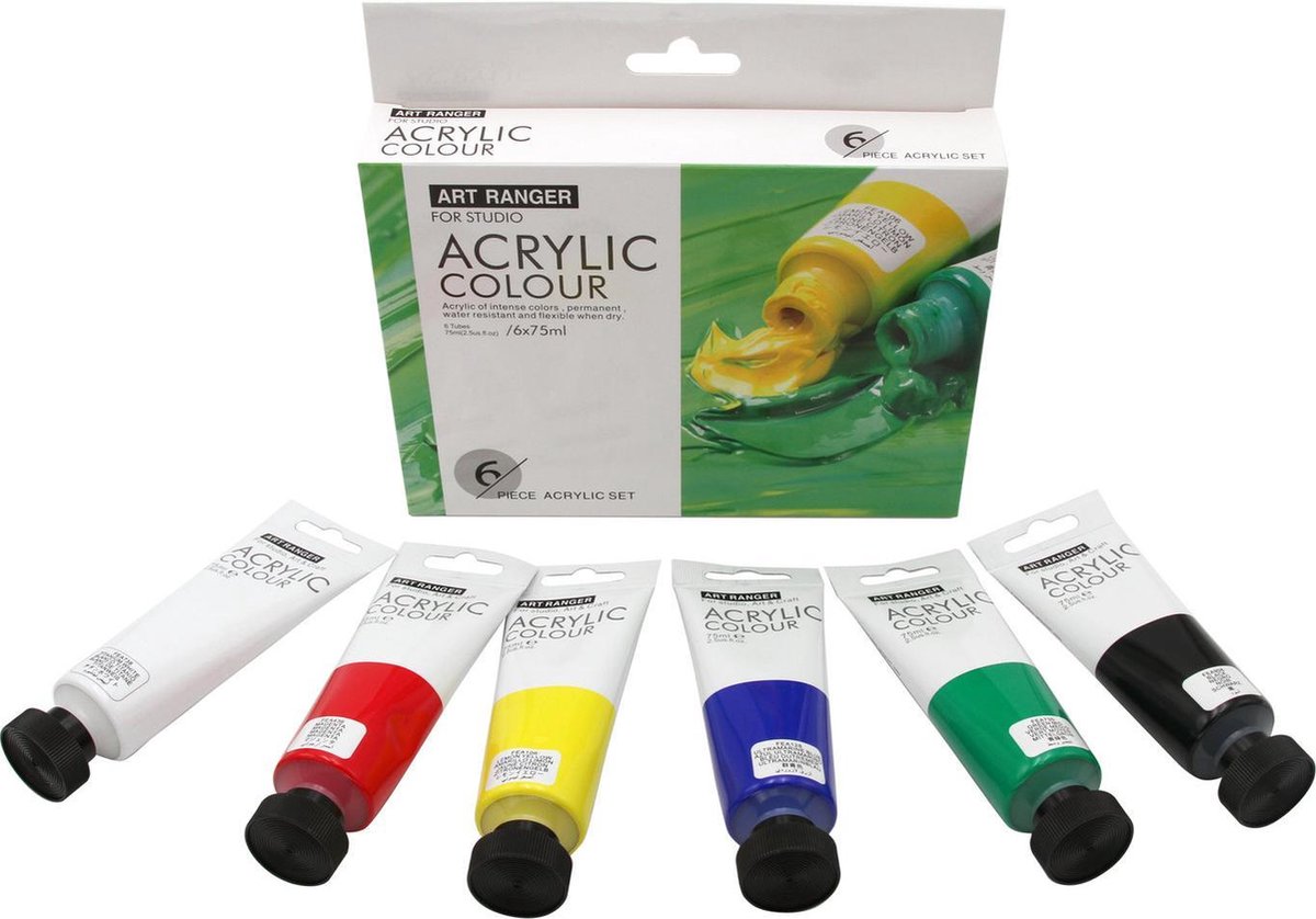 Starterskit Acrylverf | Schilderen | Primaire Kleuren Acrylverf | Acrylic | Fluid Art | Art Ranger | 6 kleuren van 75 ml | Cadeau